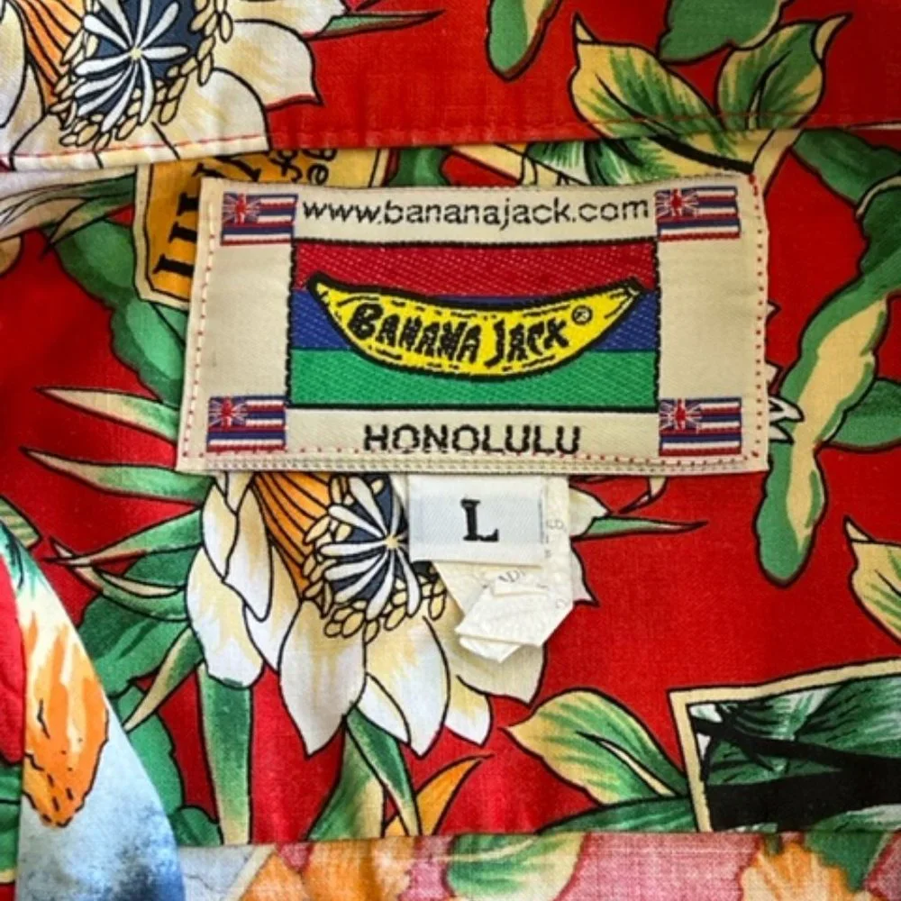 Vtg Banana Jack Honolulu Hawaiian Shirt Mens Large Floral All Over Print S/S Red